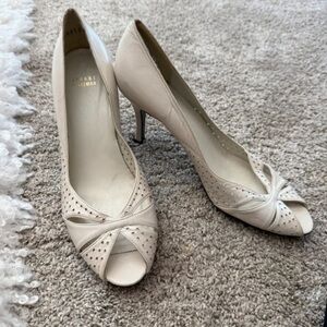 Stuart Weitzman Cream Perforated Peep-Toe Leather Heels